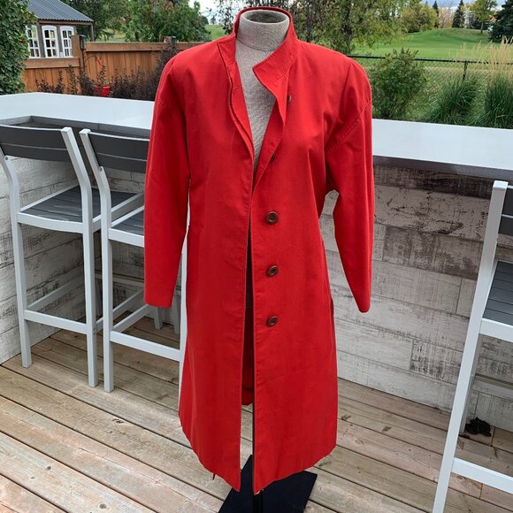 Vintage 90s Aquascutum London Aqua 5 Red Long Belted Trench Coat Overcoat - Picture 1 of 16